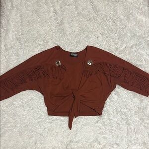 80’s Impact Brown 3/4 Sleeve Tie Front Fringe crop